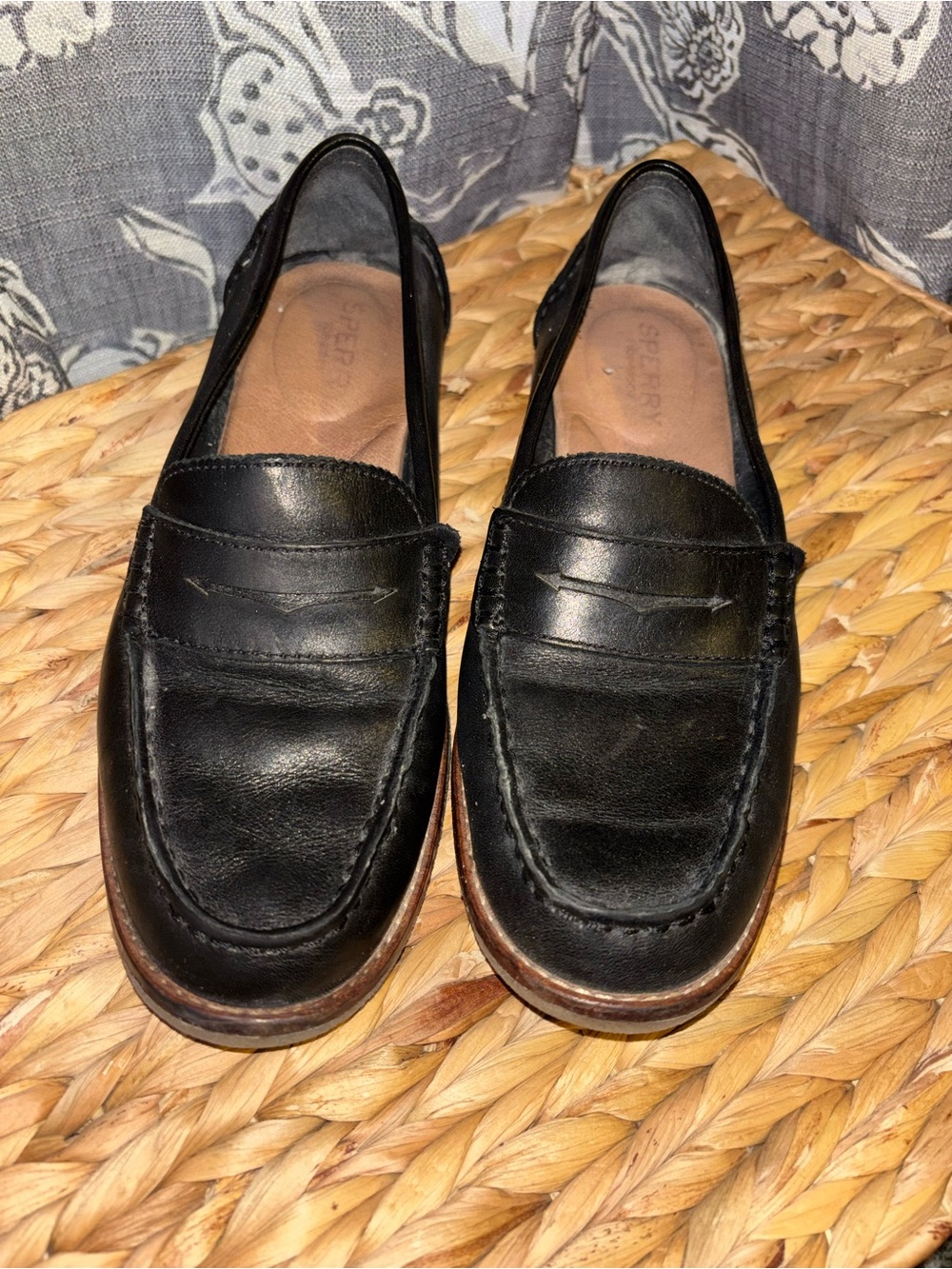Sperry Black Leather Penny Loafers with Brown Trim and Welt